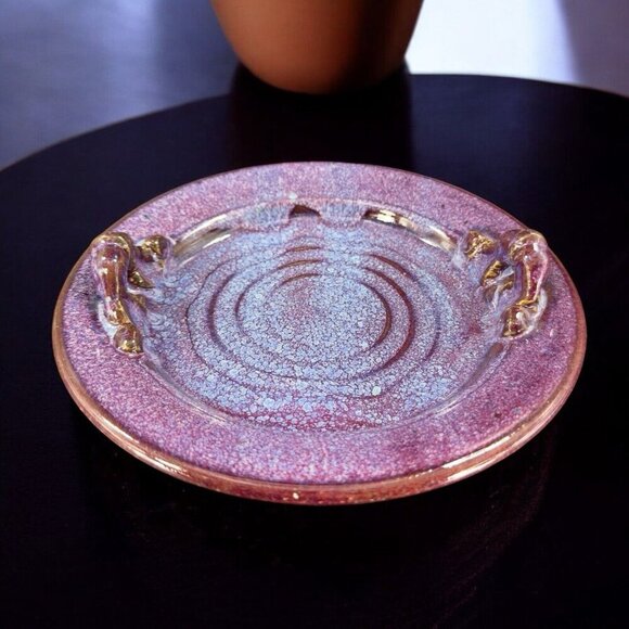 Hand Made Vintage Pottery Dish Tray With Handles Purple Drip Glaze Artist Signed - Picture 1 of 15